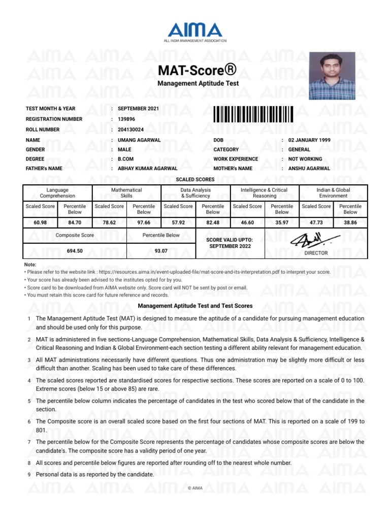 MATScore Management Aptitude Test PDF Percentile Test (Assessment)