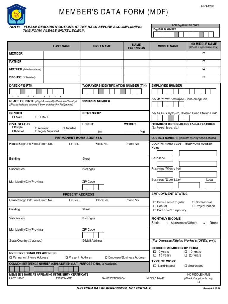 Pag-IBIG Member's Data Form (MDF) | PDF | Birth Certificate | Employment