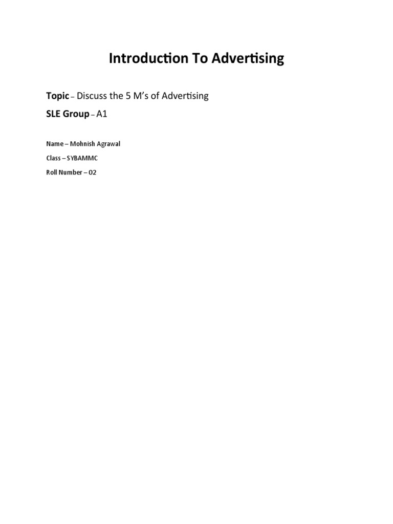 Introduction To Advertising Discuss The 5 M's of Advertising A1 PDF