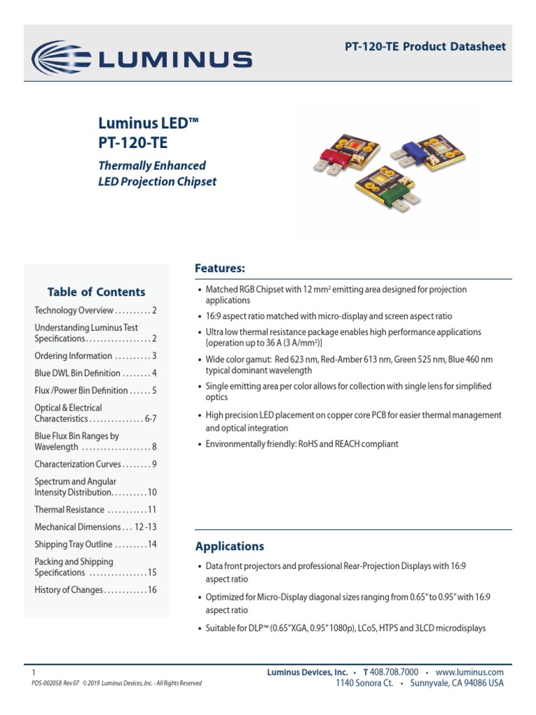 Luminus LED™ PT-120-TE: Thermally Enhanced LED Projection Chipset | PDF ...