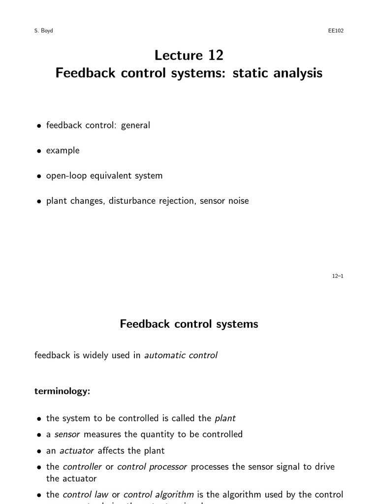 Feedback Control Systems Static Analysis PDF Control Theory
