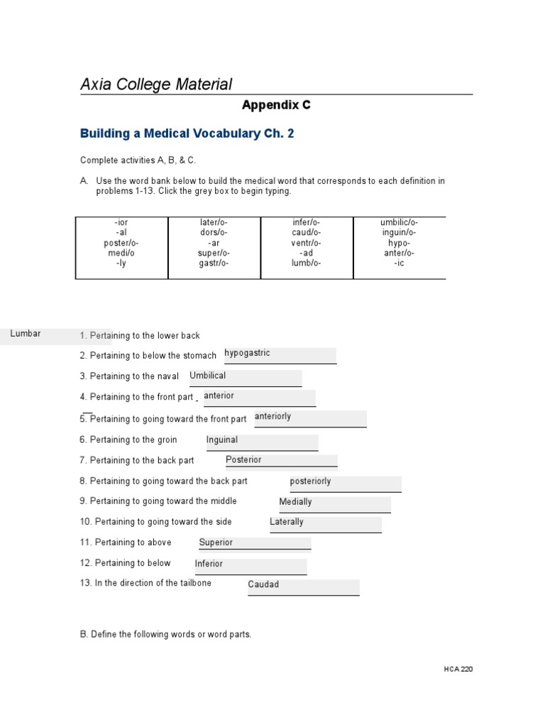 HCA220 Appendix C | PDF | Anatomical Terms Of Location | Anatomy