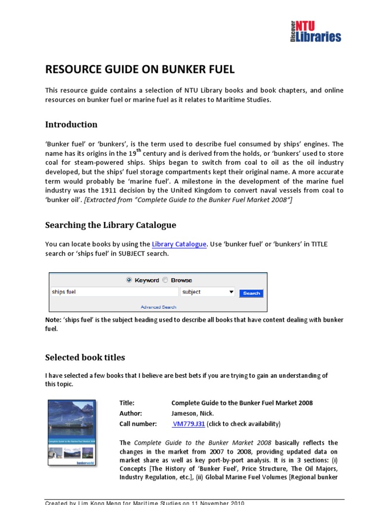 Resource Guide on Bunker Fuel Fuel Oil Ships