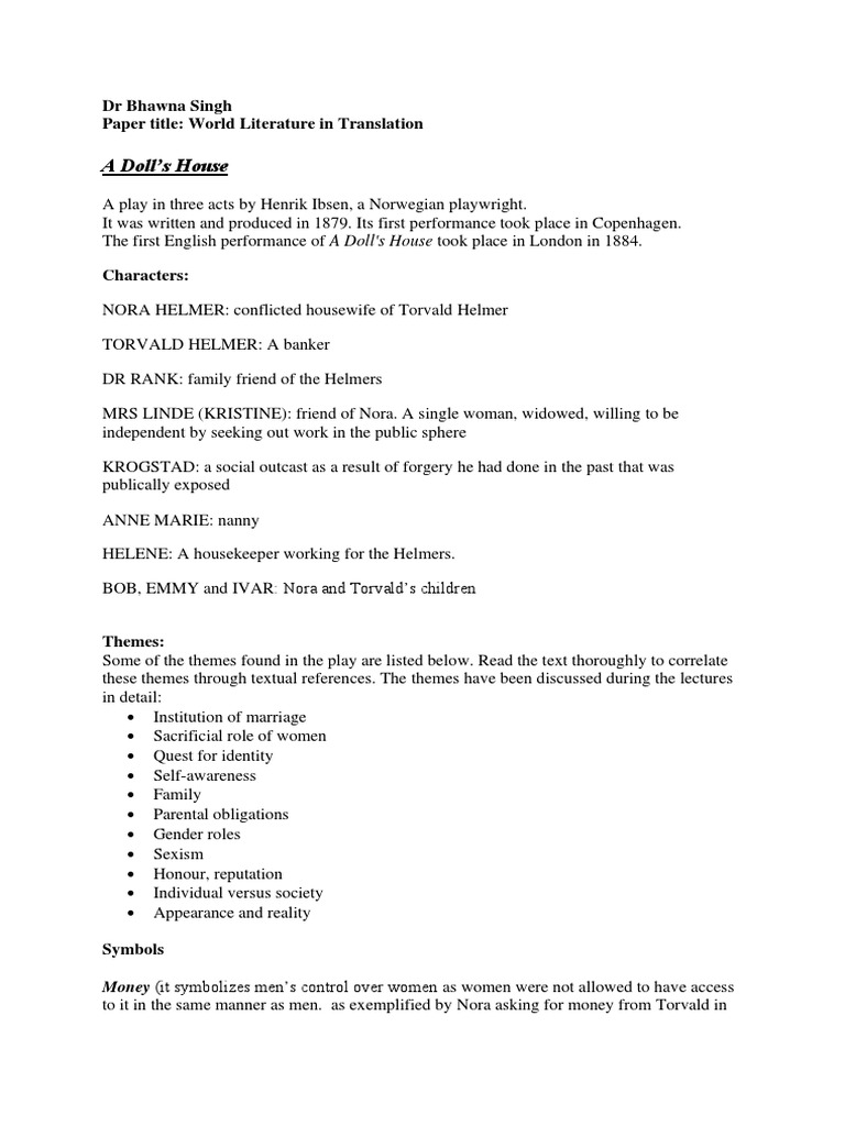 A Doll's House Notes PDF A Doll's House