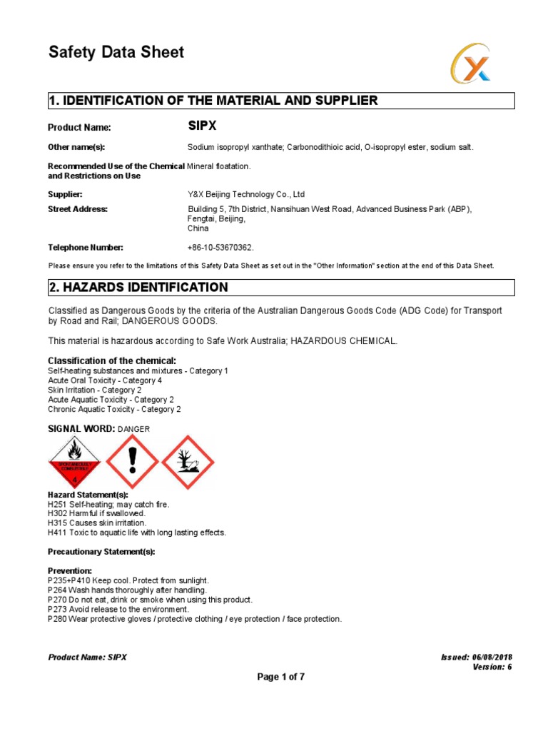 SIPX Safety Data Sheet Overview | PDF | Dangerous Goods