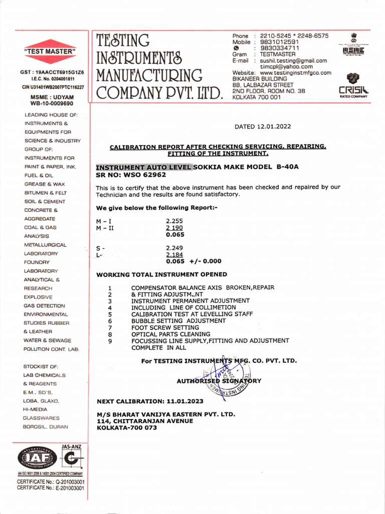 TS Instrument Calibration Certificate PDF Calibration Materials