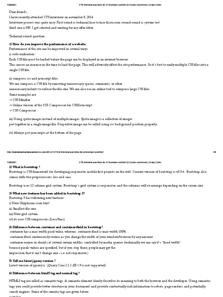 CTS Interview Questions For UI Developer Position (2-3 Years Experience ...