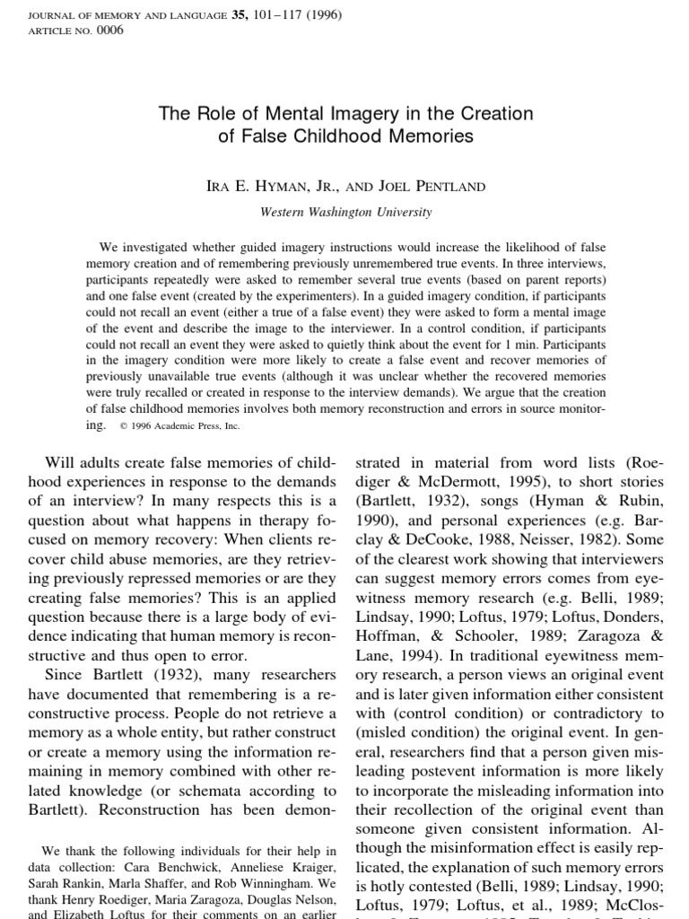 The Role of Mental Imagery in The Creation of False Childhood Memories ...