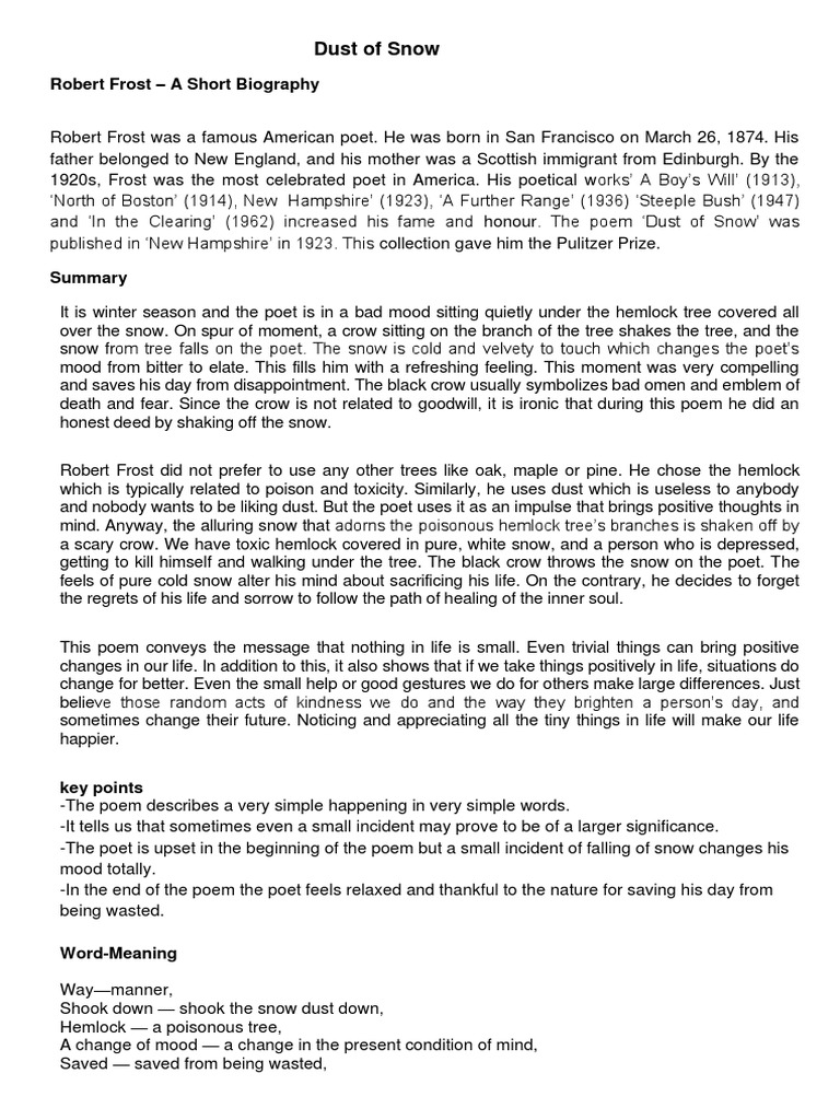 Dust of Snow: Robert Frost - A Short Biography | PDF | Poetry | Mood  (Psychology)