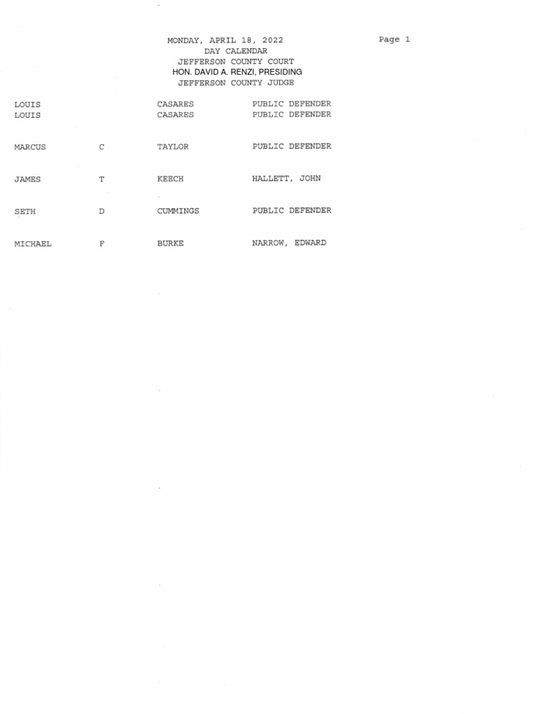 Jefferson County Court Calendar April 18, 2022 | PDF