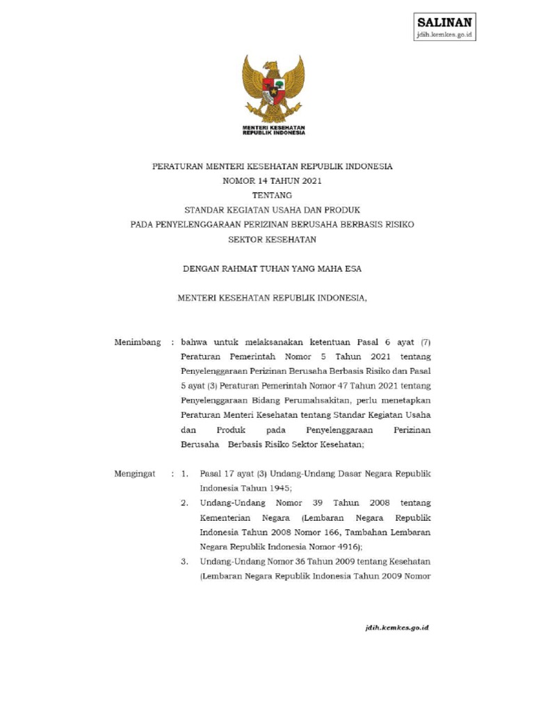 PMK 14 - 2021 Ijin Usaha Beresiko HD | PDF