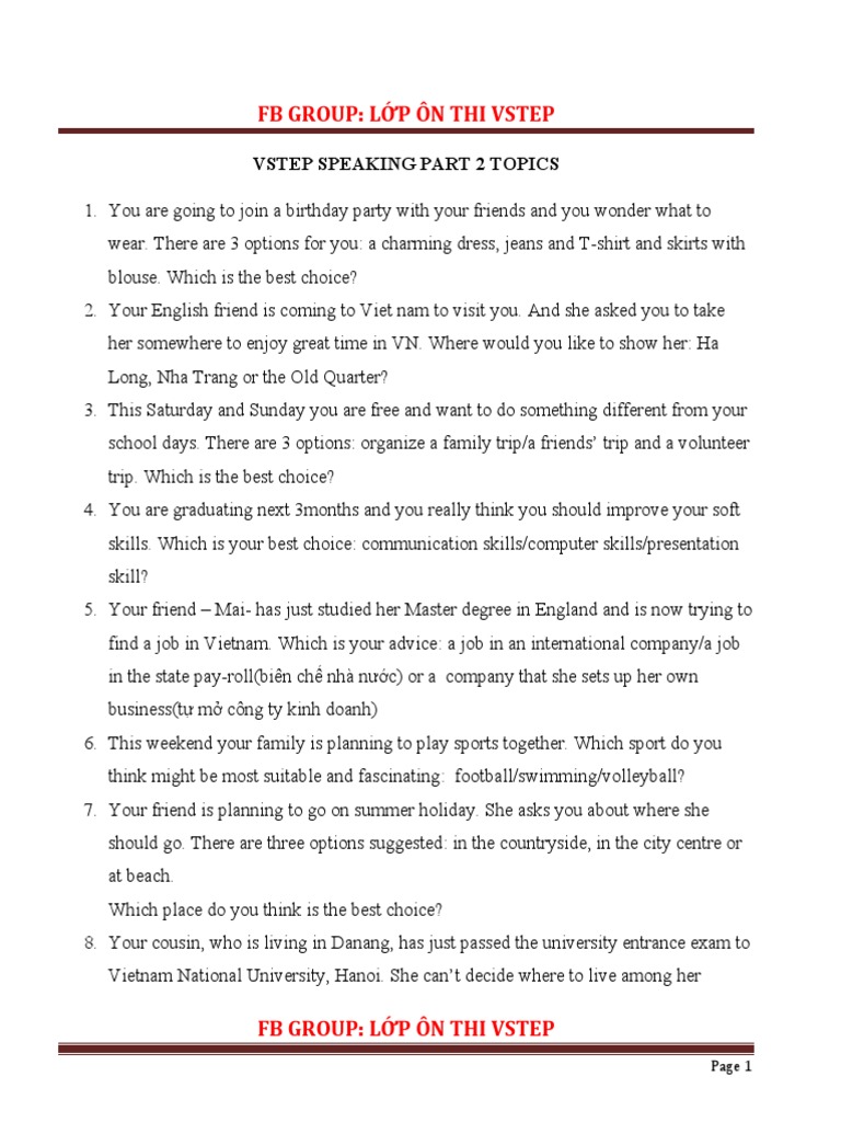 VSTEP Speaking Part 2 Topics Guide | PDF | Social Science | Lifestyle