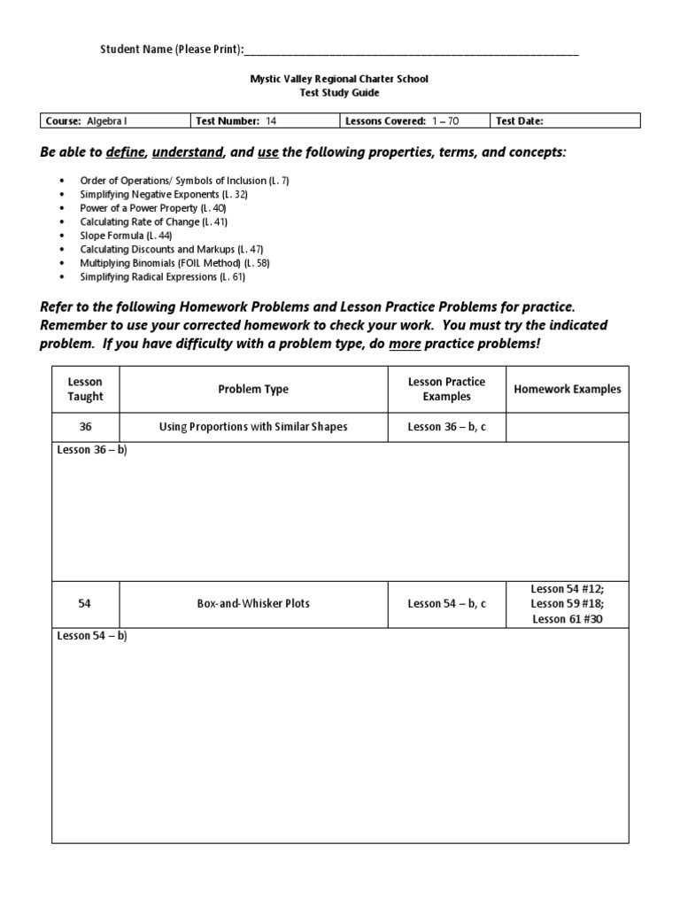 Algebra I Test Study Guide | PDF | Equations | Elementary Mathematics