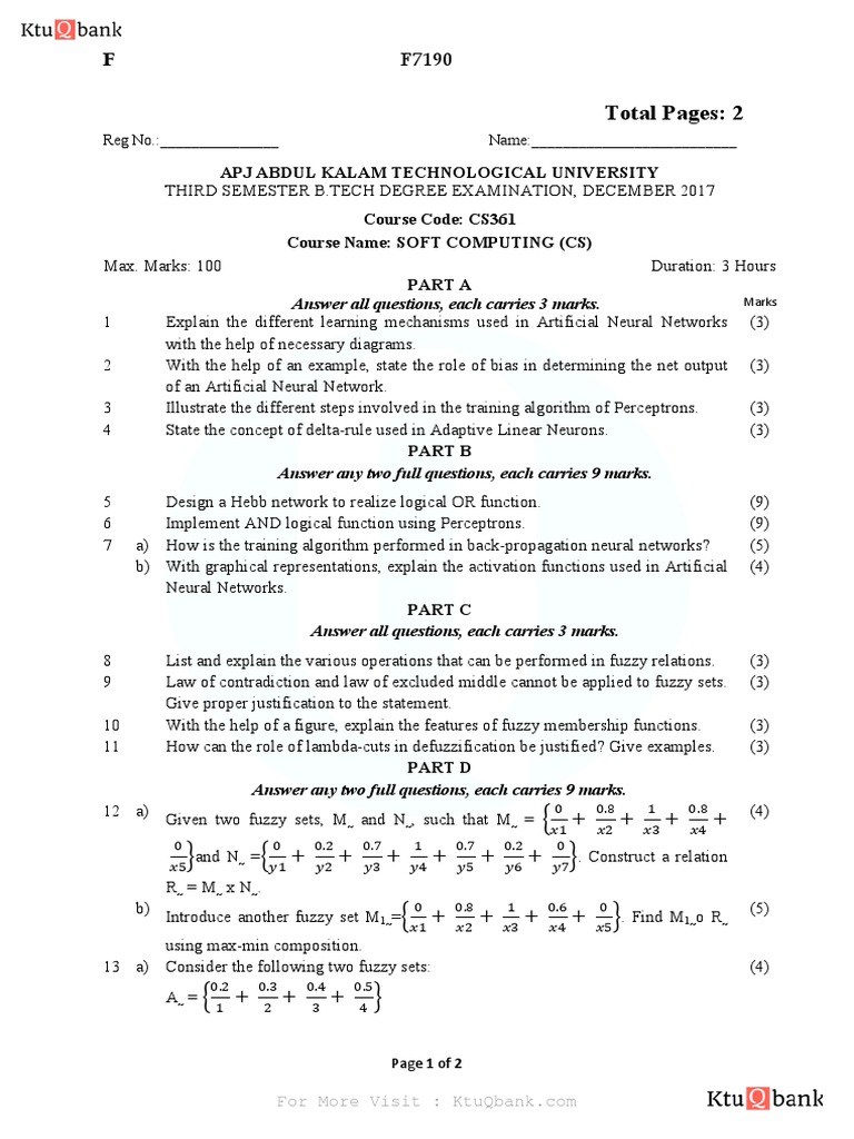 Soft Computing Question Paper PDF Triangle Fuzzy Logic