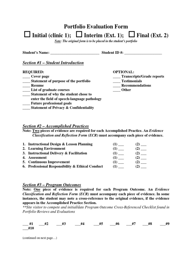 Portfolio Evaluation Form Initial Clinic 1 Interim Ext 1 Final