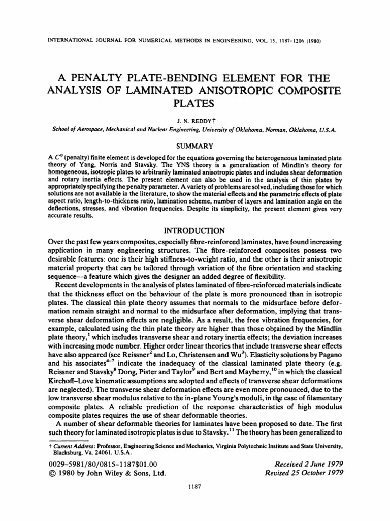 J. N. Reddy 1980 A Penalty Plate Bending Element For The Analysis