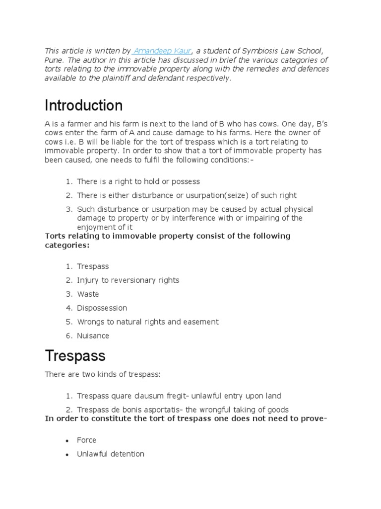 Law of Torts - Assignment | PDF | Trespass | Tort