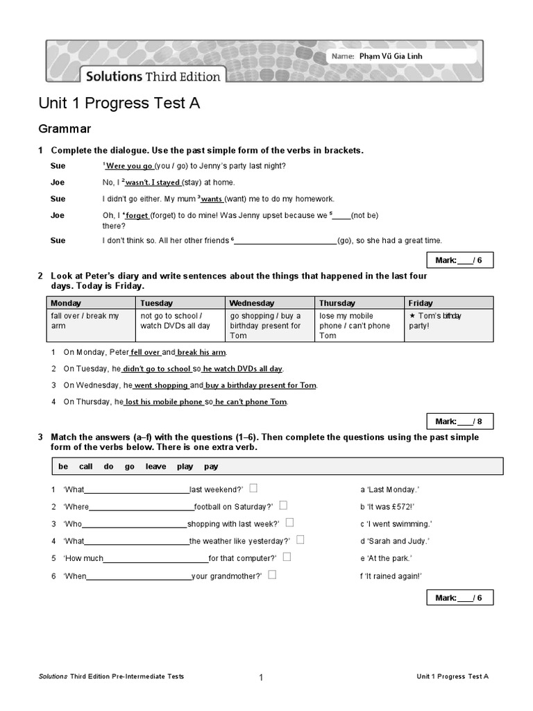 Pre-Intermediate Unit 1 Progress Test | PDF | Language Arts & Discipline