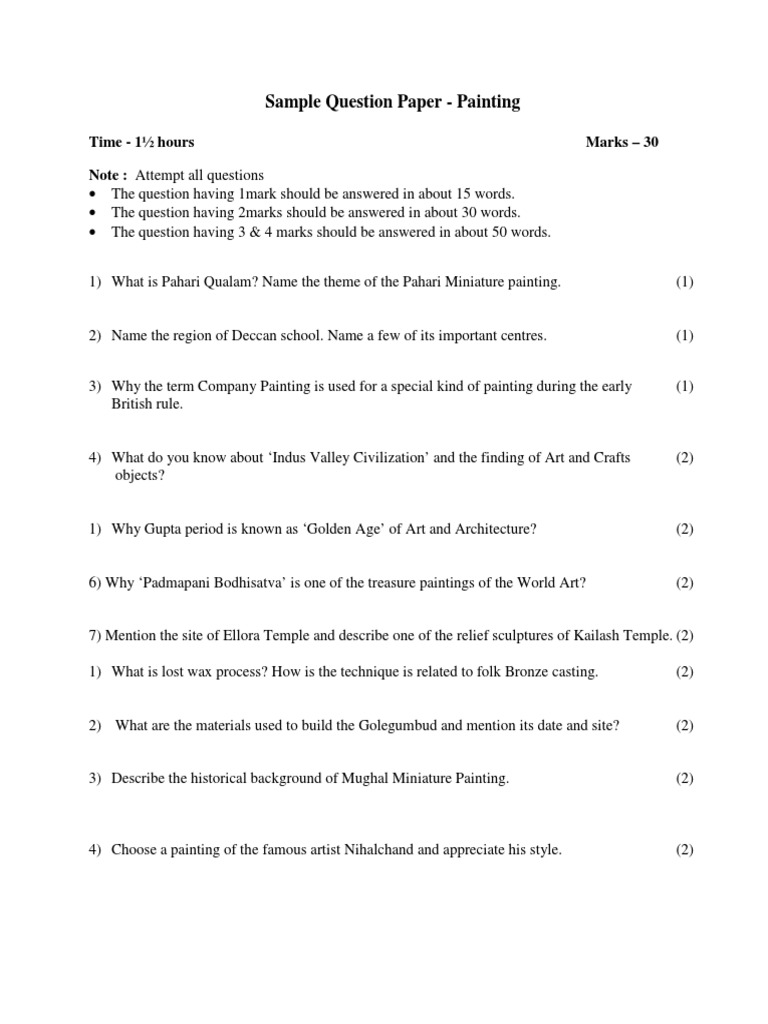 Sample Question Paper Painting Time 1 Hours Marks 30 Note