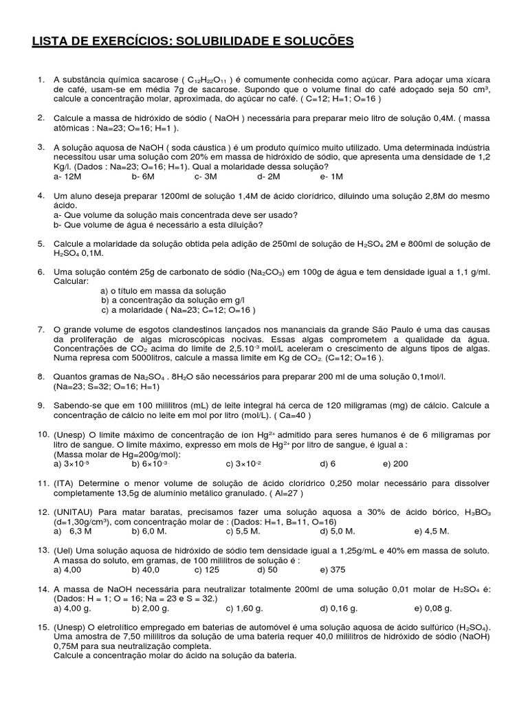 Exercícios sobre Solubilidade e Soluções | PDF | Concentração ...