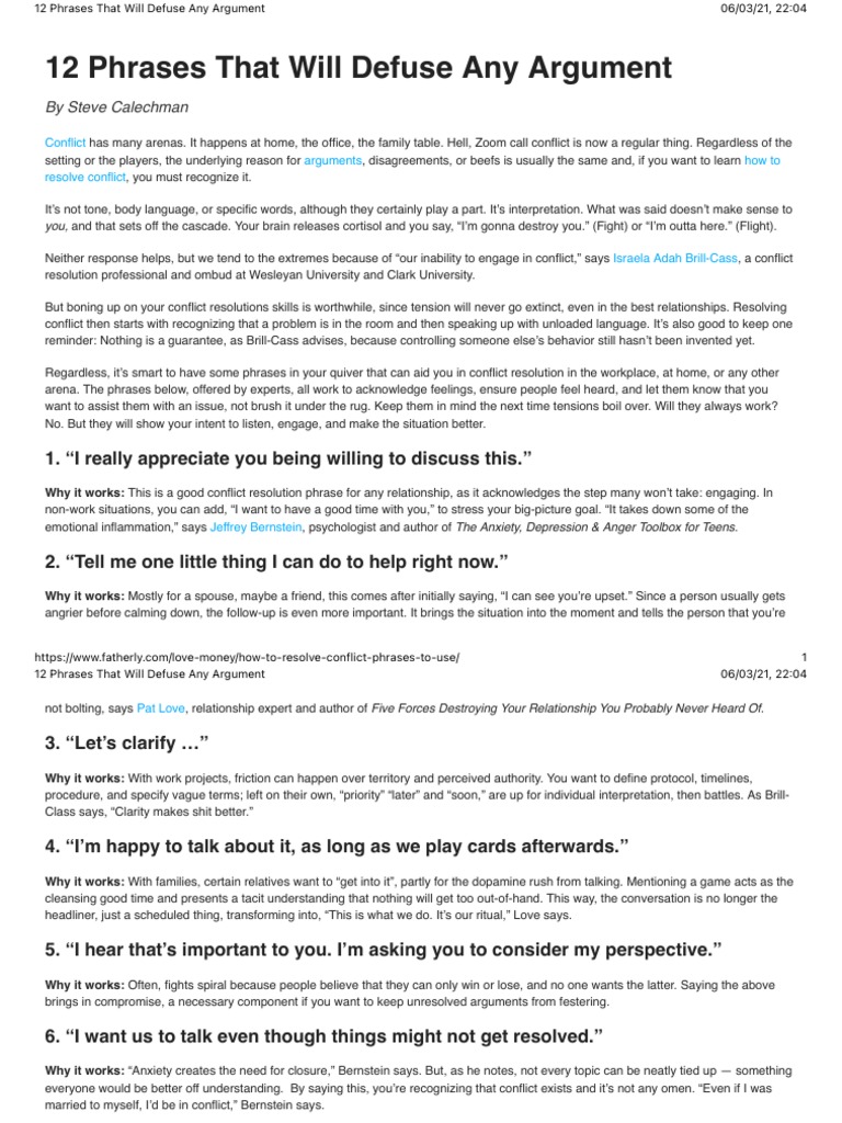 12 Phrases to Defuse Arguments | PDF | Conflict Resolution ...