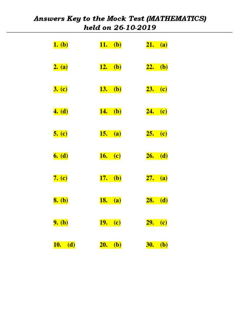 Mathematics Mock Test Answer Key | PDF