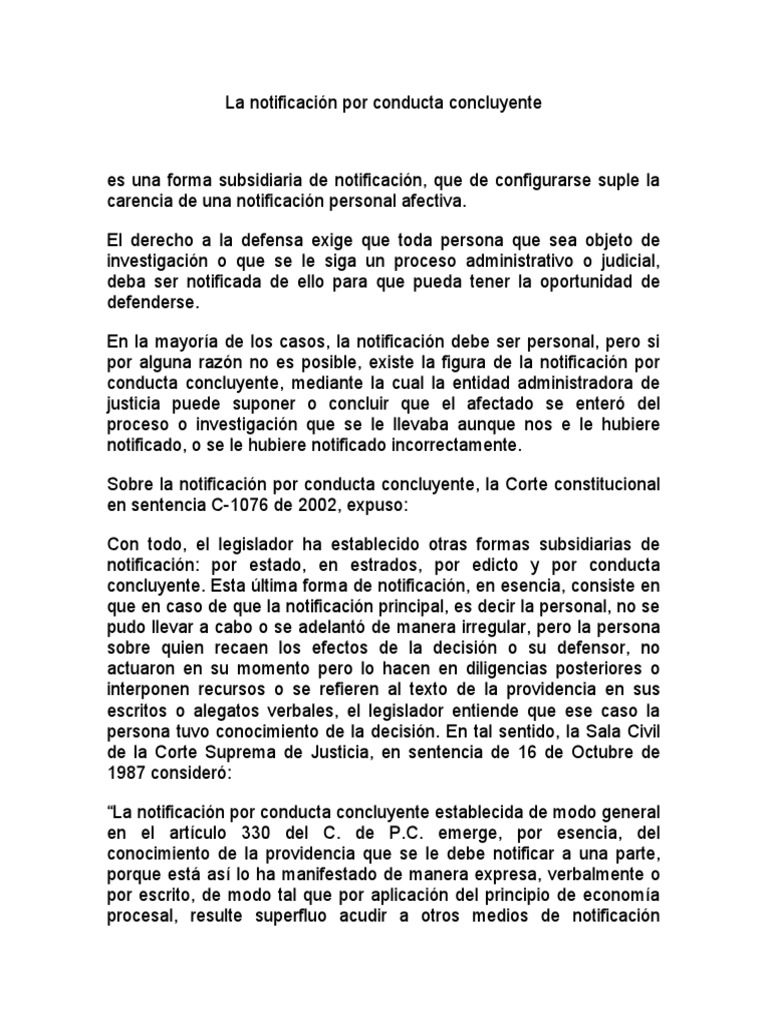 Sentencia notificación por conducta concluyente