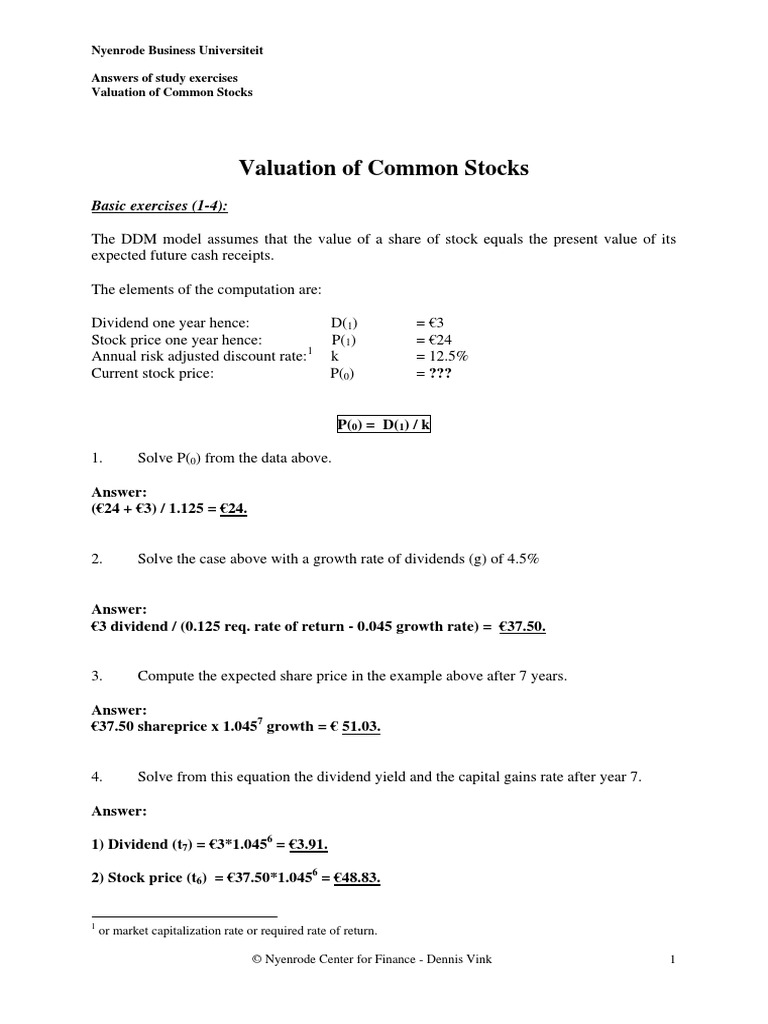Valuation of Common Stocks Basic Exercises (14) PDF Discounted