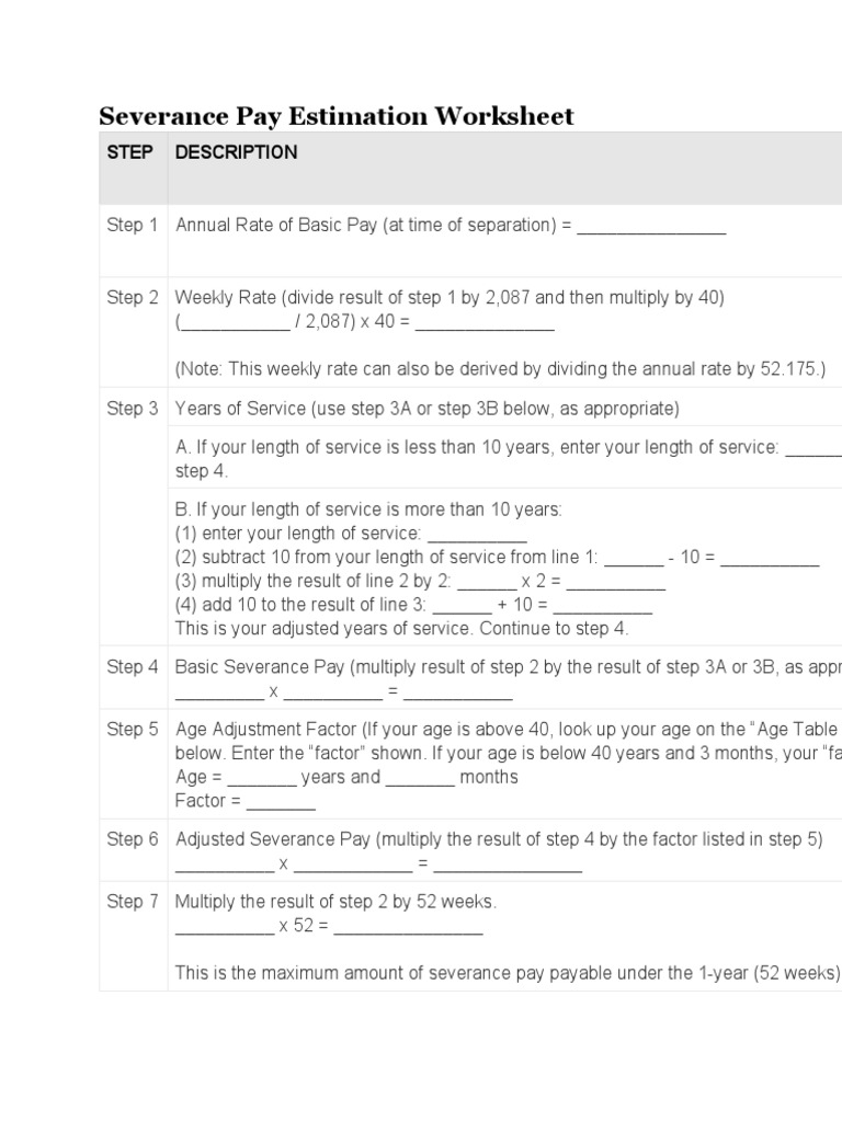 Severance Pay Calculation Worksheet