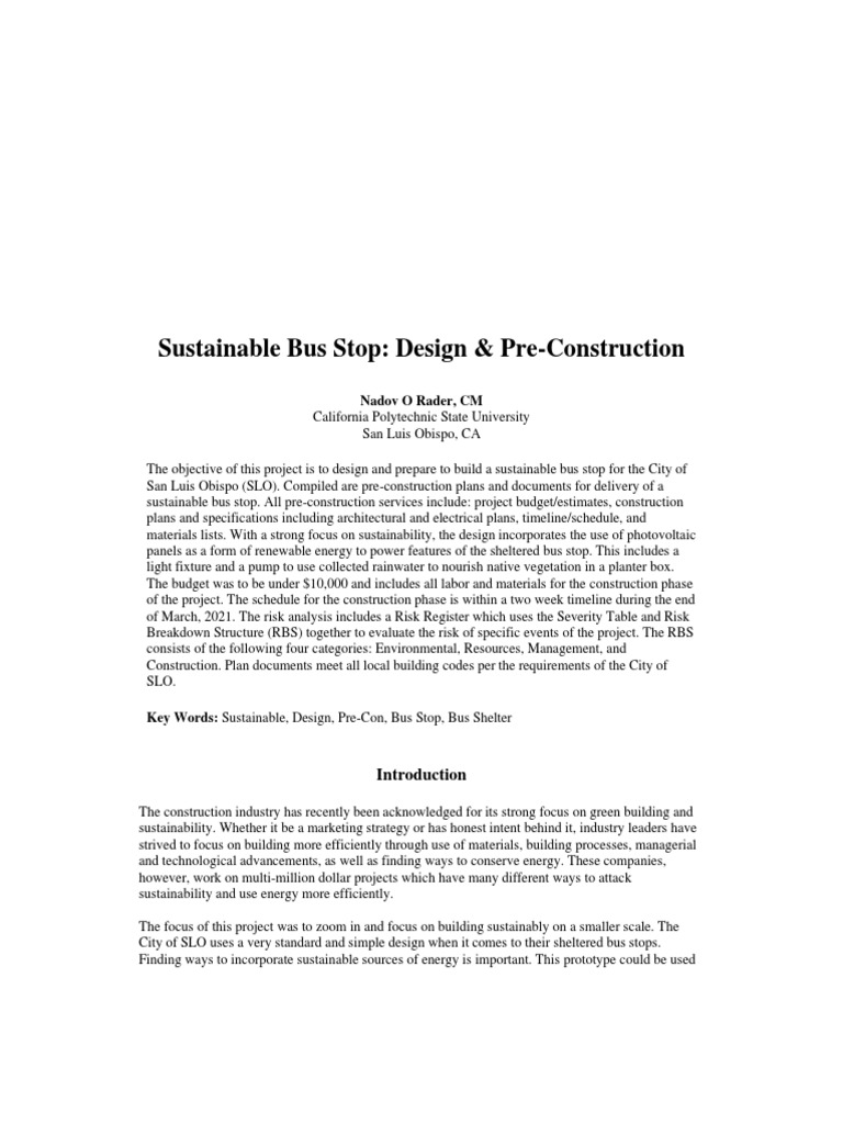 Sustainable Bus Stop Design Plans For Renewable Energy Pdf