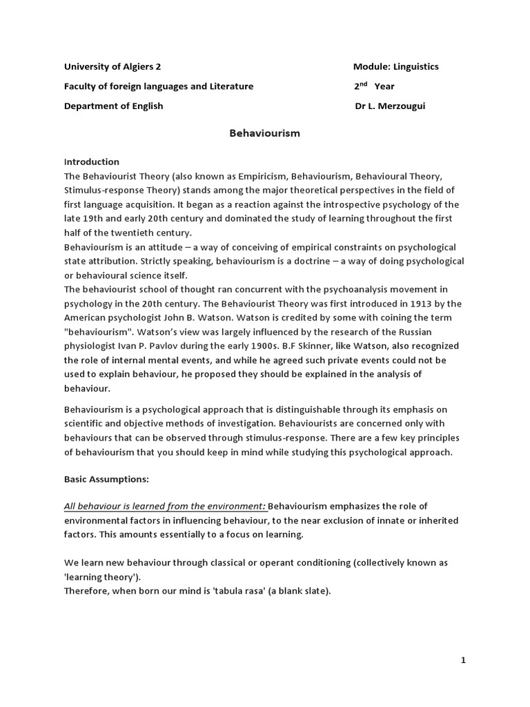 Behaviourism in Language Acquisition | PDF | Behaviorism | Psychology