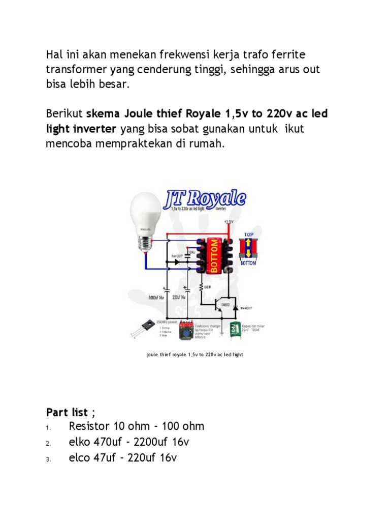 Skema Joule Thief 1.5V ke 220V AC | PDF