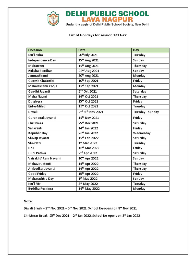 List of Holidays For Session 202122 Occasion Date Day PDF