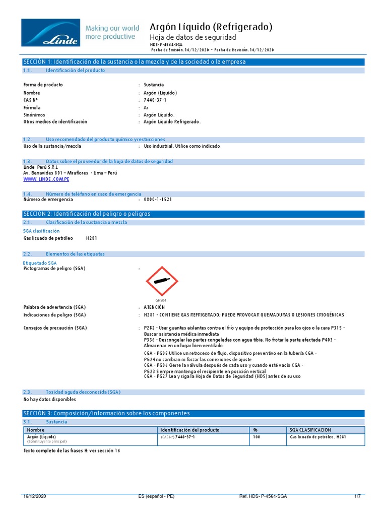SDS Argon Liquido Linde Descargar gratis PDF Oxígeno Agua