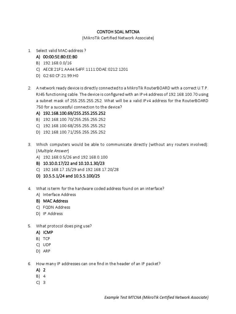 MTCNA Exam Practice Questions | PDF | Ip Address | Router (Computing)