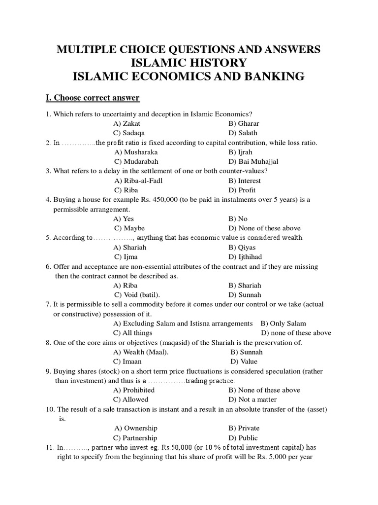 Islamic History Islamic Economics and Banking Multiple Choice