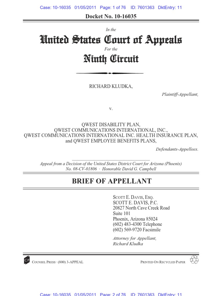 Read the opening brief to the Ninth Circuit by Scott Davis in Kludka v. Qwest Standard Of