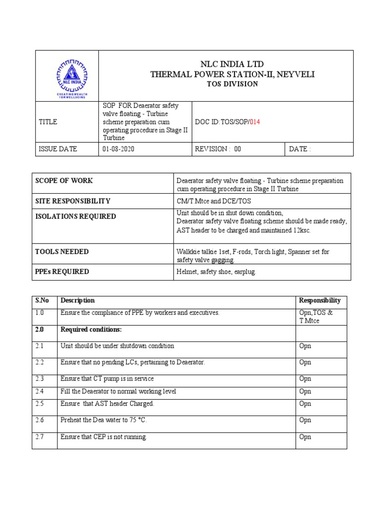 SOP For Deaerator Safety Valve Floating PDF Energy Technology Liquids