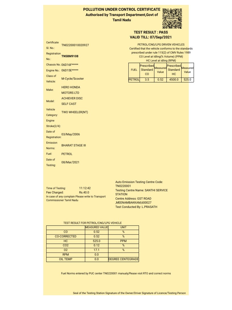 Pollution Under Control Certificate Authorised by Transport Department