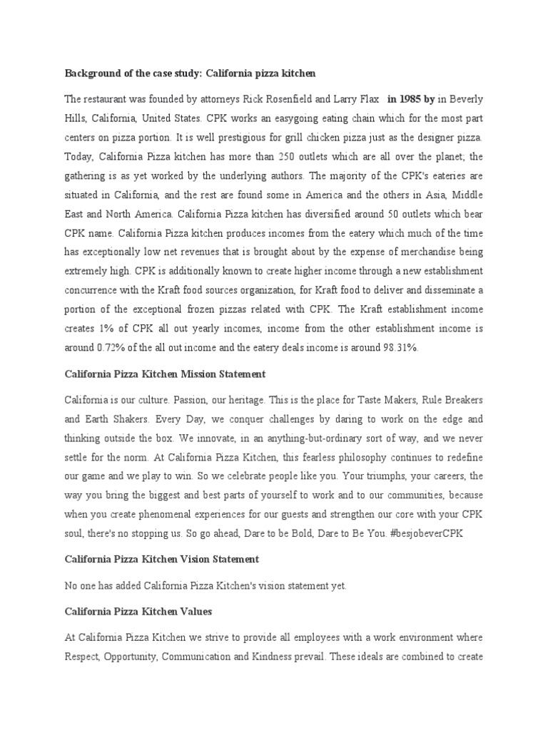 Background of The Case Study: California Pizza Kitchen | PDF