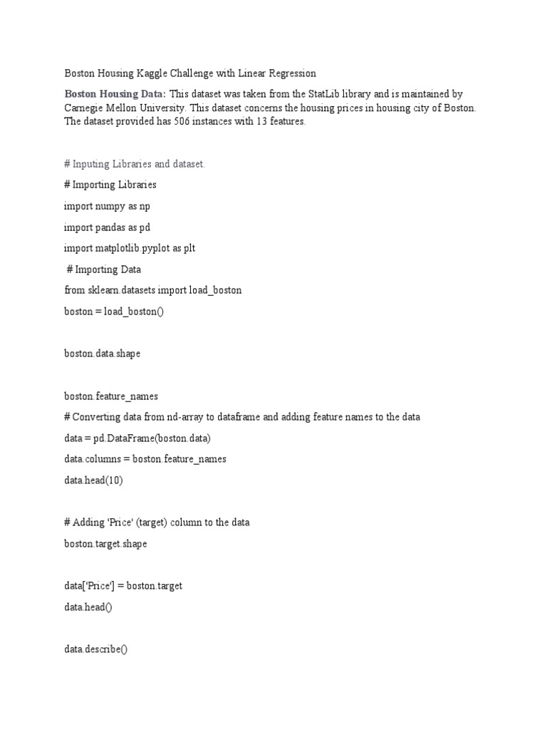 Boston Housing Kaggle Challenge With Linear Regression PDF Mean