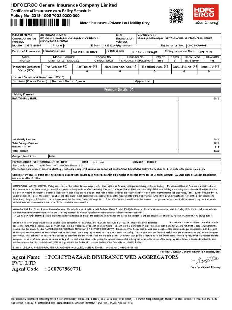 Motor Insurance Policy Details | PDF