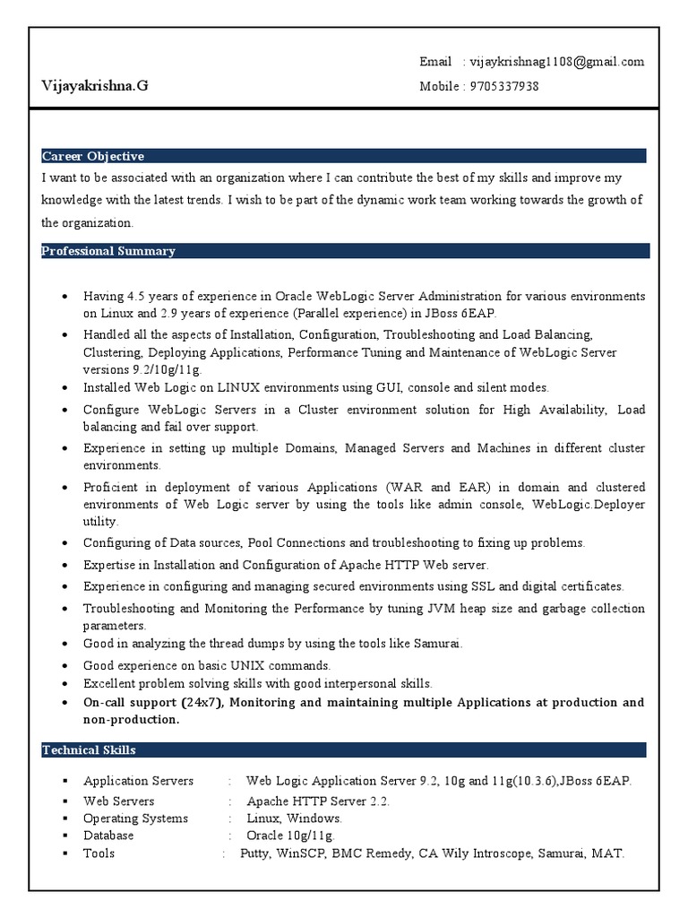 Resume of vijayakrishna g highlighting 7 years of experience as a