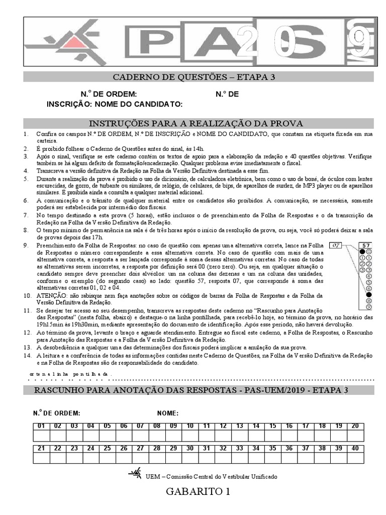 Instruções para a realização da prova do PAS-UEM/2019 - Etapa 3 | PDF ...