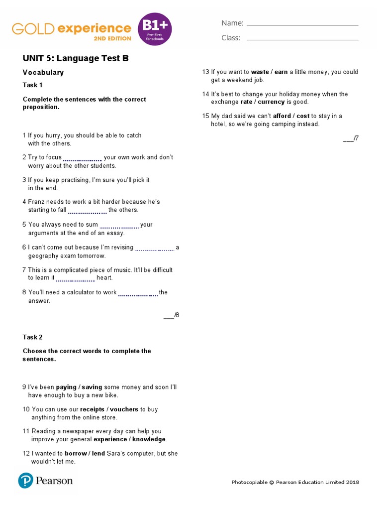 UNIT 5: Language Test B: Vocabulary | PDF | Money