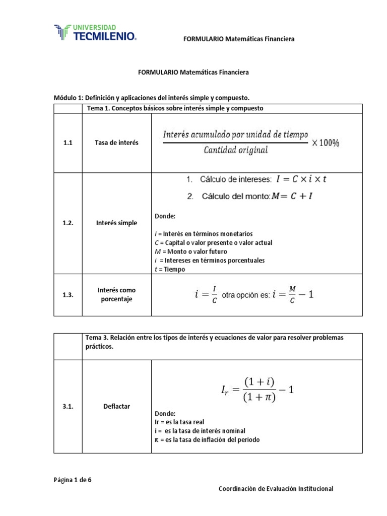 Formulario Matematicas Financiera | PDF | Tasas de interés | Interés