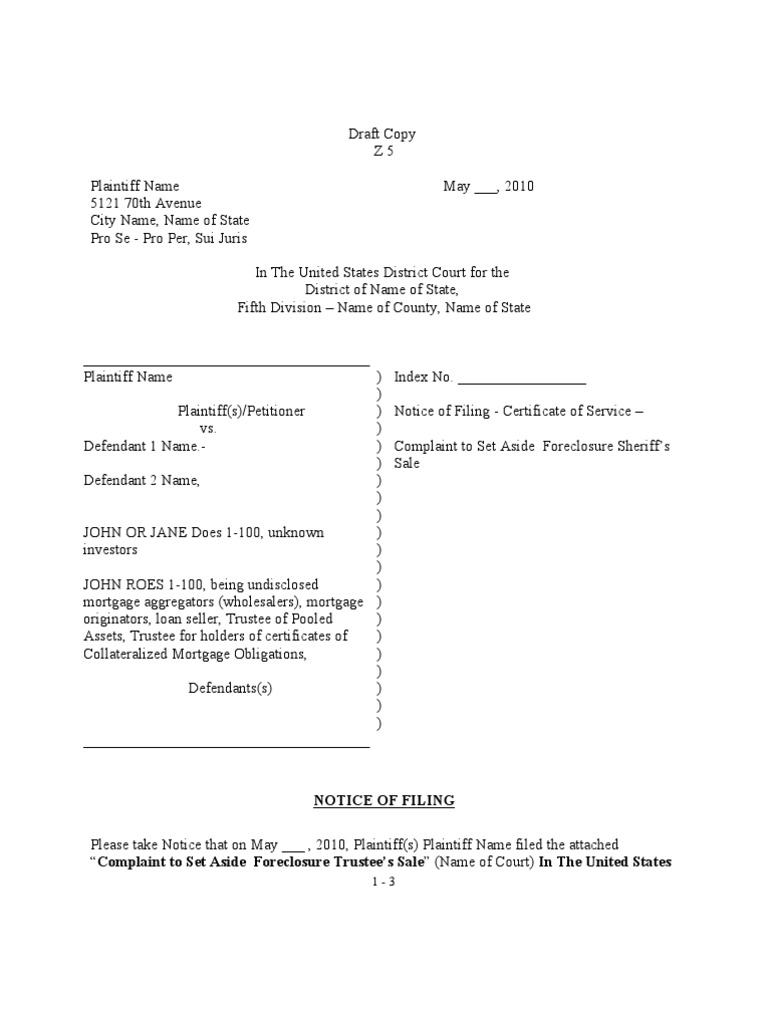 Notice of Filing Cert of Service Complaint Generic Sample PDF