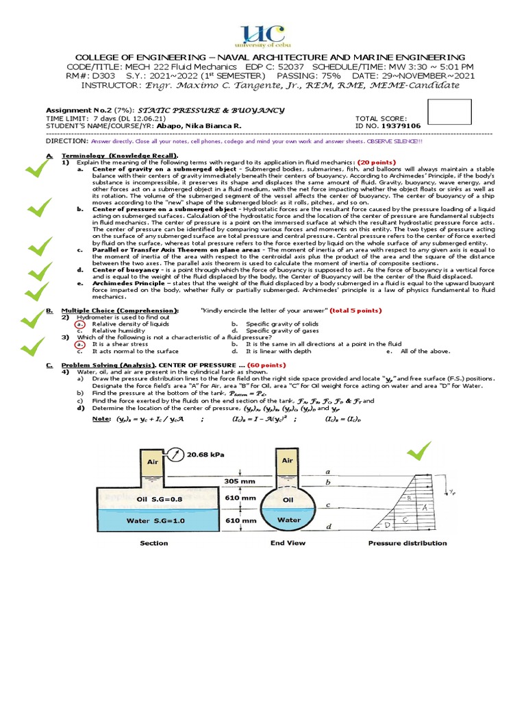 Fluid Mechanics Assignment on Buoyancy | PDF | Buoyancy | Pressure