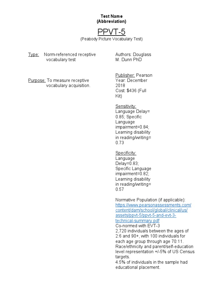 PPVT-5: Test Name (Abbreviation) | PDF | Learning Disability ...