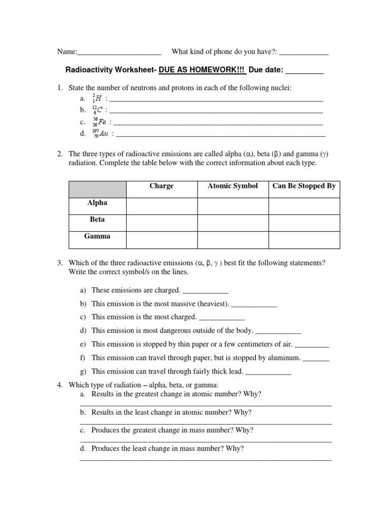 Radioactivity Worksheets Answers